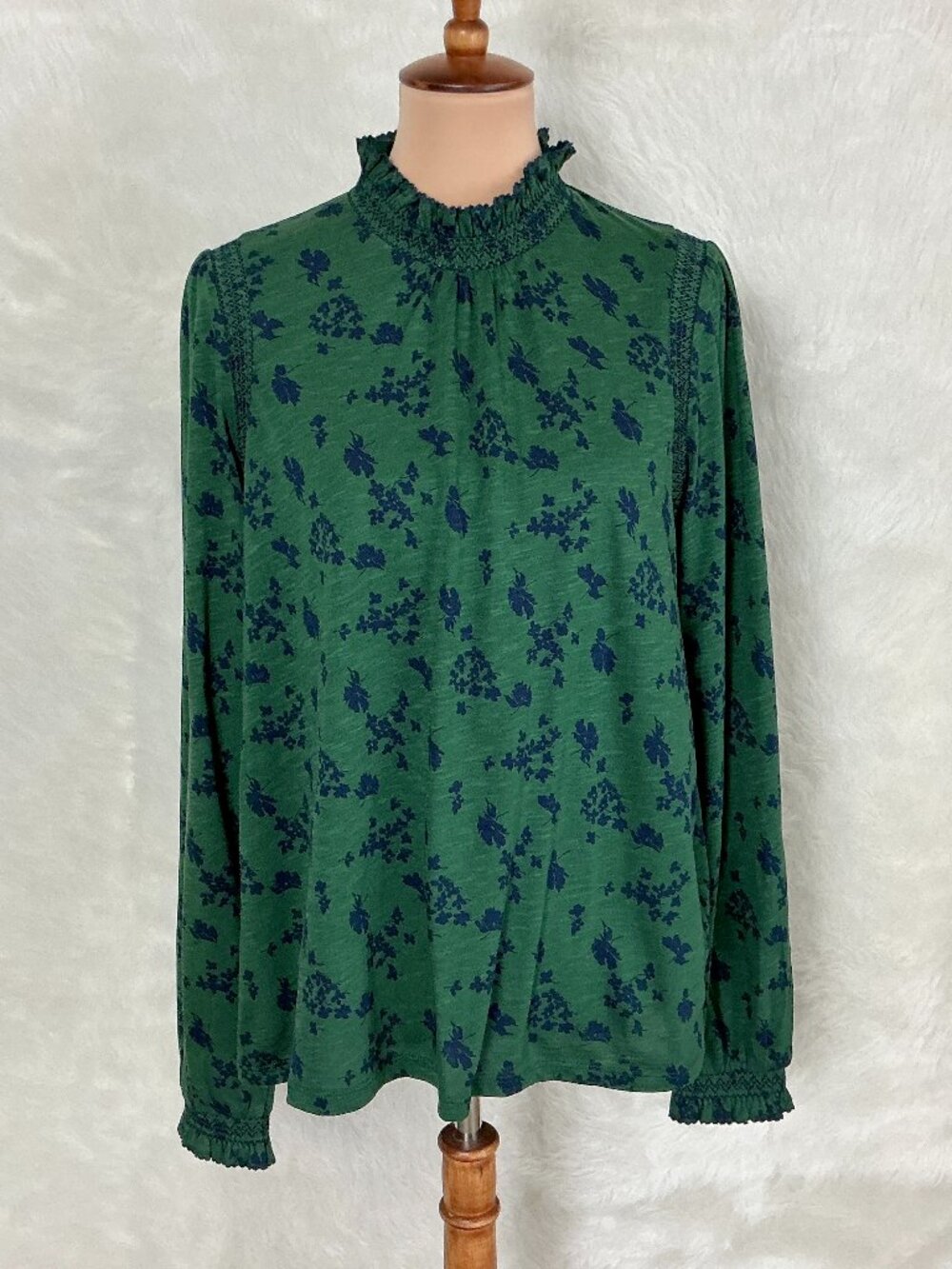 Boden Green Blue Floral Tia Smocked Neck Jersey Top 14
